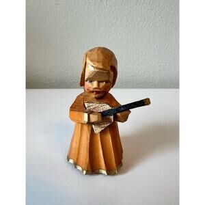 Hand Carved Small Wooden Nativity Christmas Angel Figure Playing Banjo